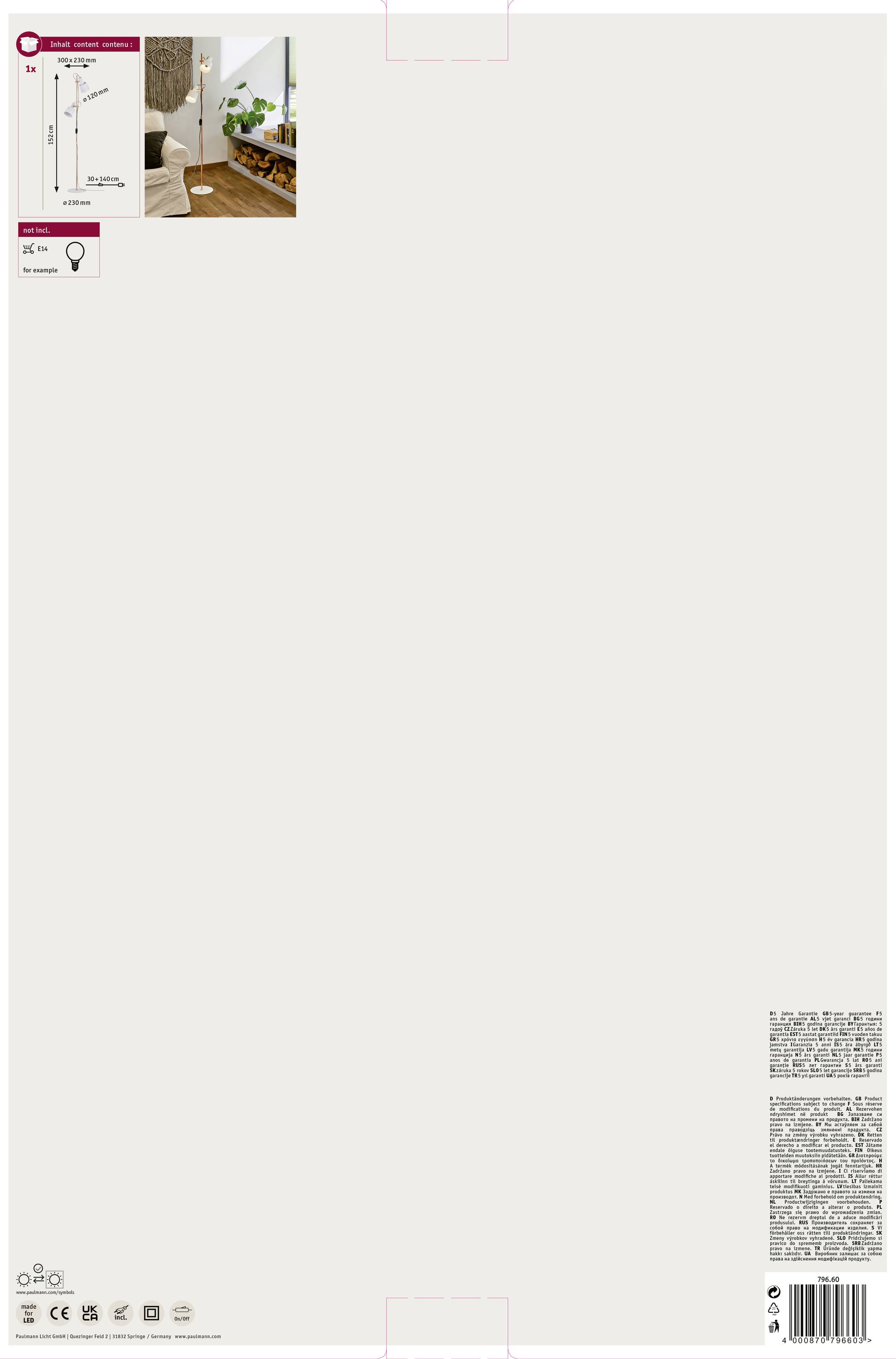 Białe pudełko na lampę stojącą z ilustracją zmontowanej lampy, przedstawiające jej przybliżoną wysokość 167 cm, oraz obrazem pokoju mieszkalnego z lampą.
