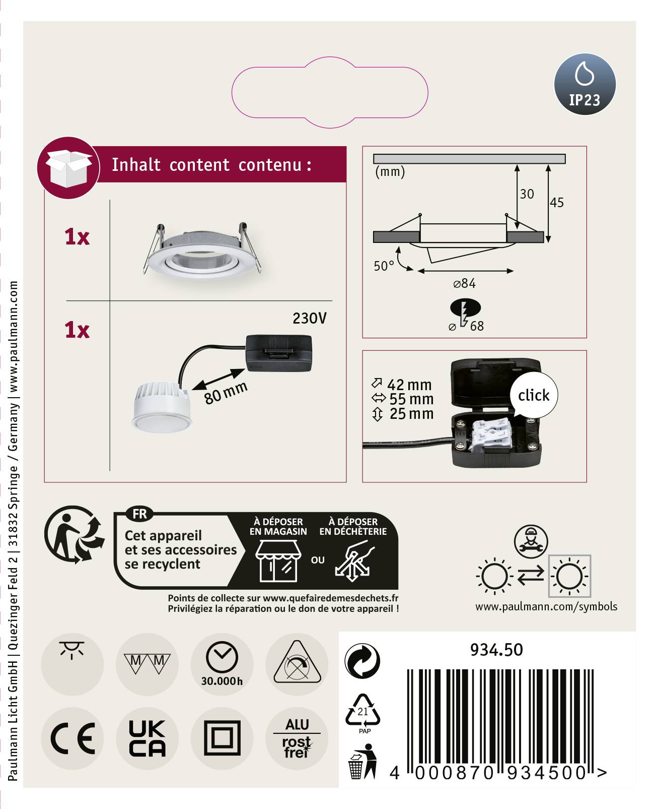 Oprawa sufitowa 'IP23': Zawartość opakowania: 1x oprawa, 230V, 80mm; 1x złączka. Piktogramy: nadająca się do recyklingu, normy. Rysunek montażowy po prawej stronie.