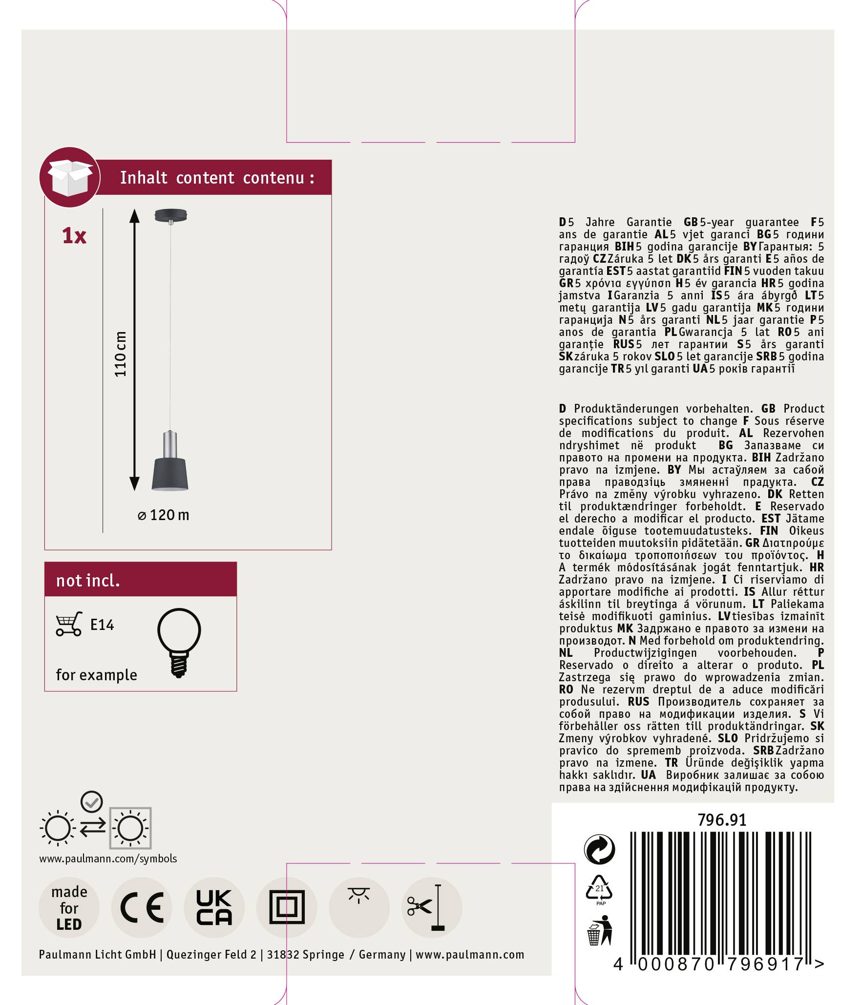 Lampa stojąca, maks. 110 cm, klosz Ø 120 mm, oprawka E14 (niedołączona). Informacje dodatkowe na odwrocie opakowania, w tym warunki gwarancji i wskazówki bezpieczeństwa.