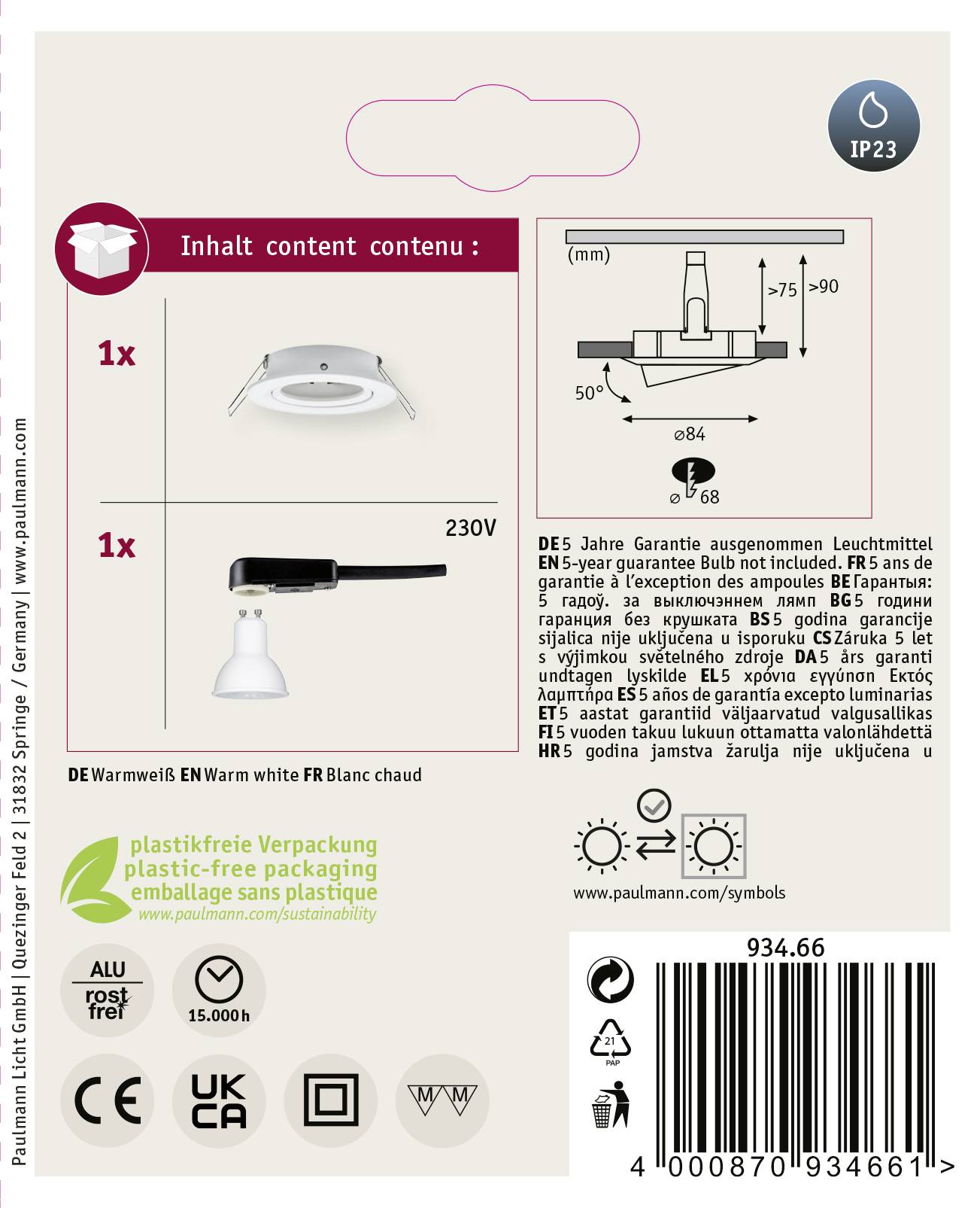 Opakowanie przedstawia kinkiet LED ze szczegółami: IP23, 1 wat, 230 volt. Zawiera instrukcję montażu, opakowanie wolne od plastiku.