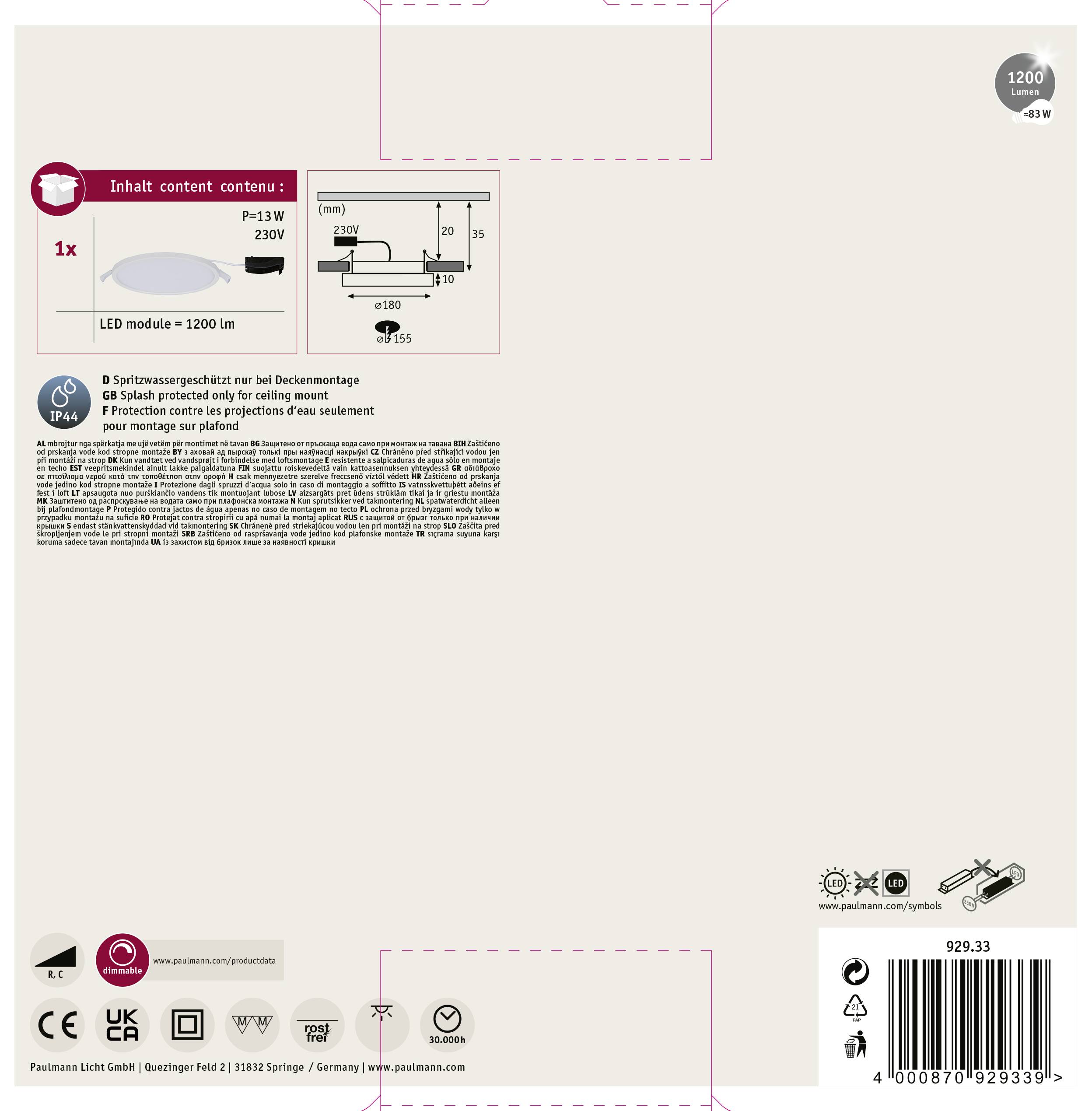 Opakowanie przedstawia moduł LED o strumieniu świetlnym 1200 lumenów, mocy 13W, średnicy 210 mm. Odpowiedni do montażu sufitowego. Numer produktu 929.33.