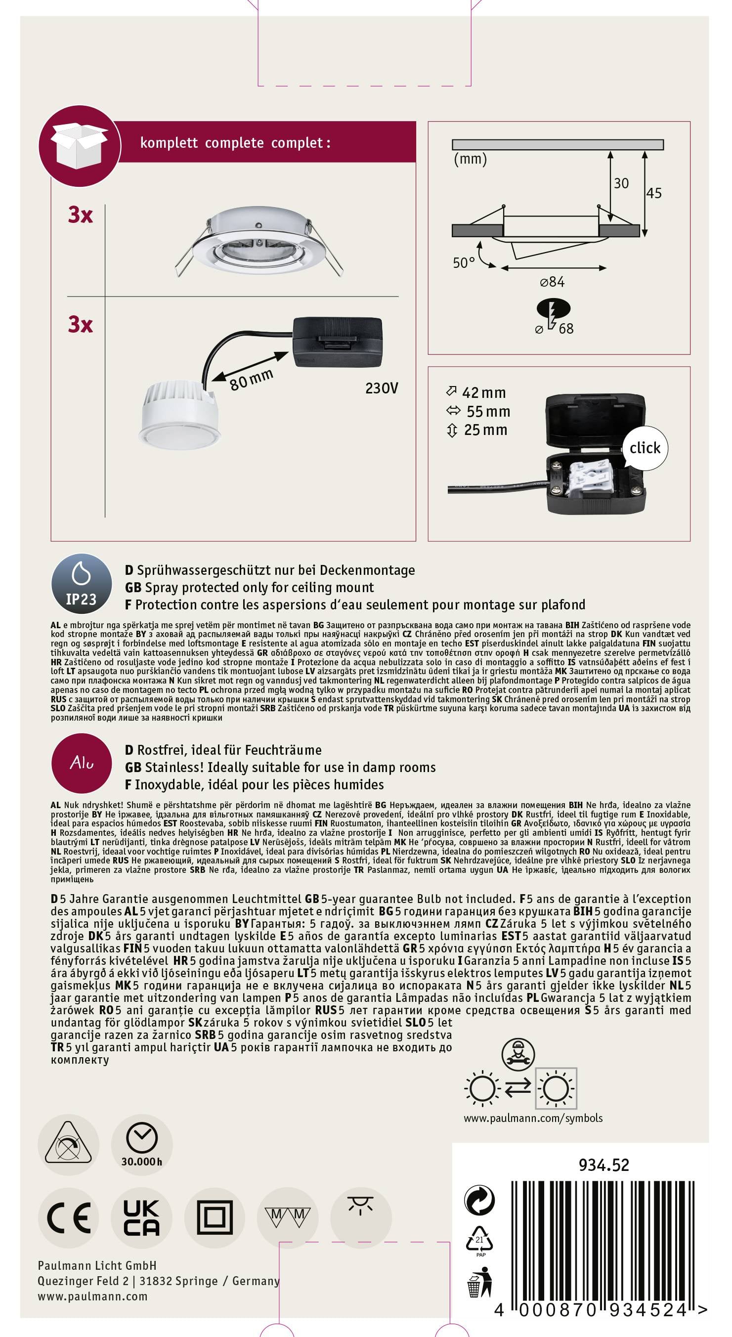 Tylna strona opakowania produktu z instrukcjami montażu lampy sufitowej. Zawiera ilustracje, wymiary i wskazówki bezpieczeństwa.