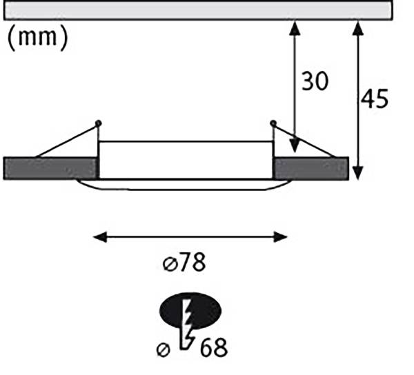 'Schemat oprawy wpuszczanej z wymiarami: całkowita wysokość 75 mm, szerokość 78 mm, otwór montażowy 68 mm.'