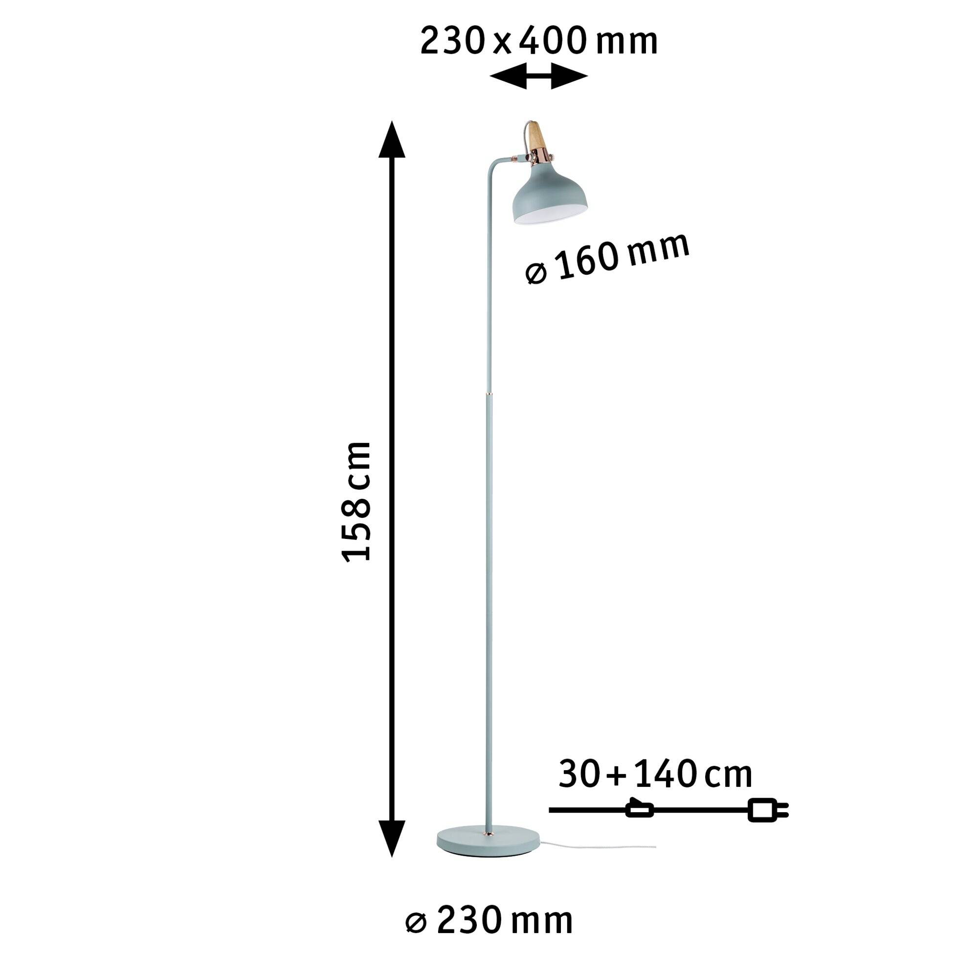 Lampa stojąca z regulowanym ramieniem, całkowita wysokość 158 cm. Średnica klosza 160 mm, średnica podstawy 230 mm.