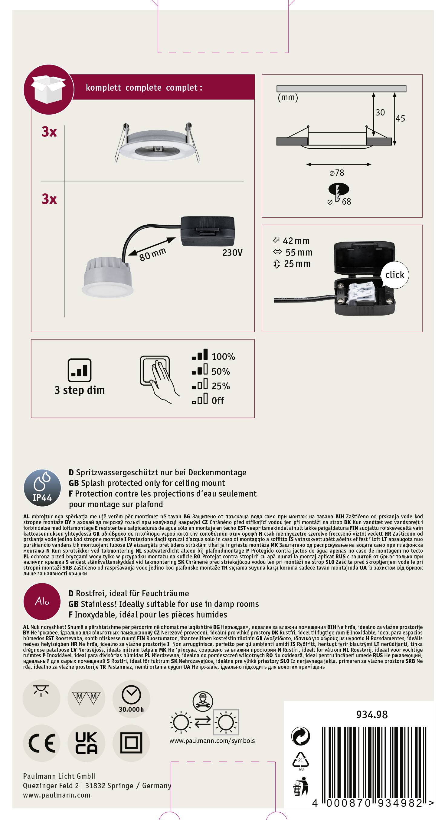 Projekt opakowania zestawu oświetleniowego: prezentuje instalację lampy, rysunek techniczny z wymiarami oraz funkcję ściemniania w 3 stopniach.