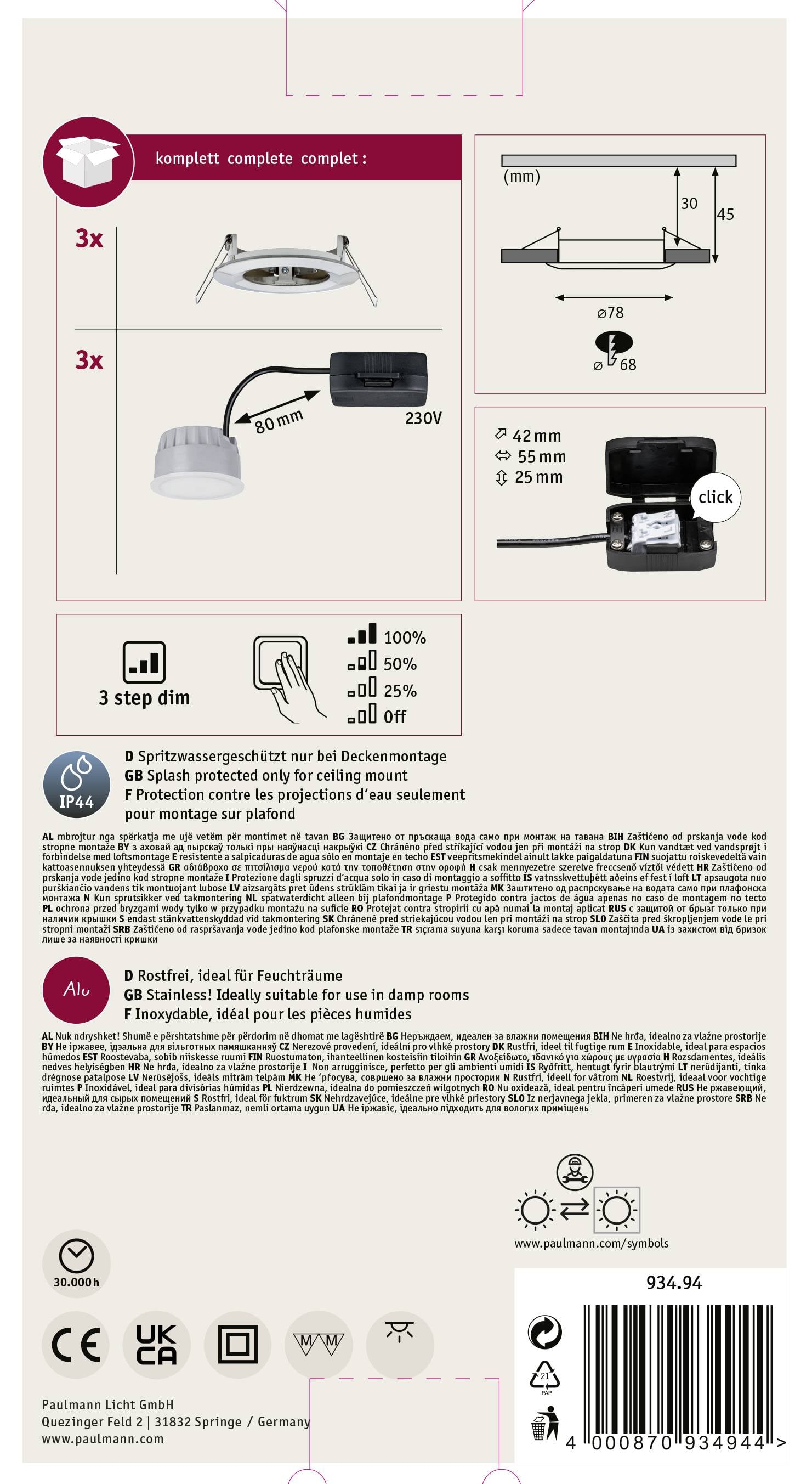 Zestaw opraw LED z regulacją 3-stopniowego przyciemniania, idealny do wilgotnych pomieszczeń wewnętrznych, klasa ochrony IP44. Zawiera 3 oprawy, głębokość montażu 68 mm.
