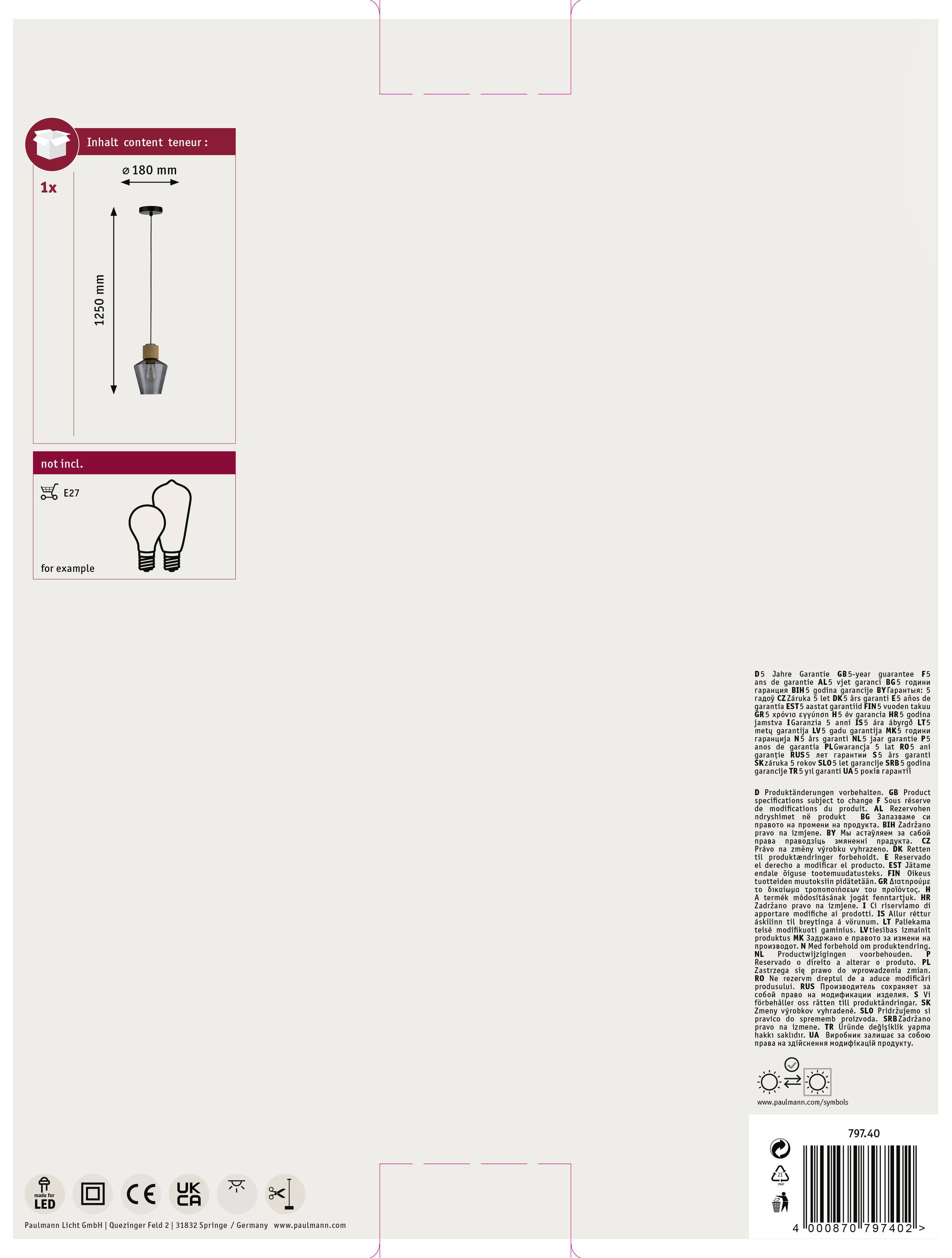 Lampa wisząca o średnicy 150 mm, wymagająca żarówki E27 (nie dołączona), odpowiednia do pomieszczeń mieszkalnych.