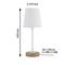 Lampa stołowa z białym kloszem i drewnianą podstawą ma wysokość 400 mm i średnicę klosza 155 mm. Przewód: 30 + 120 cm.