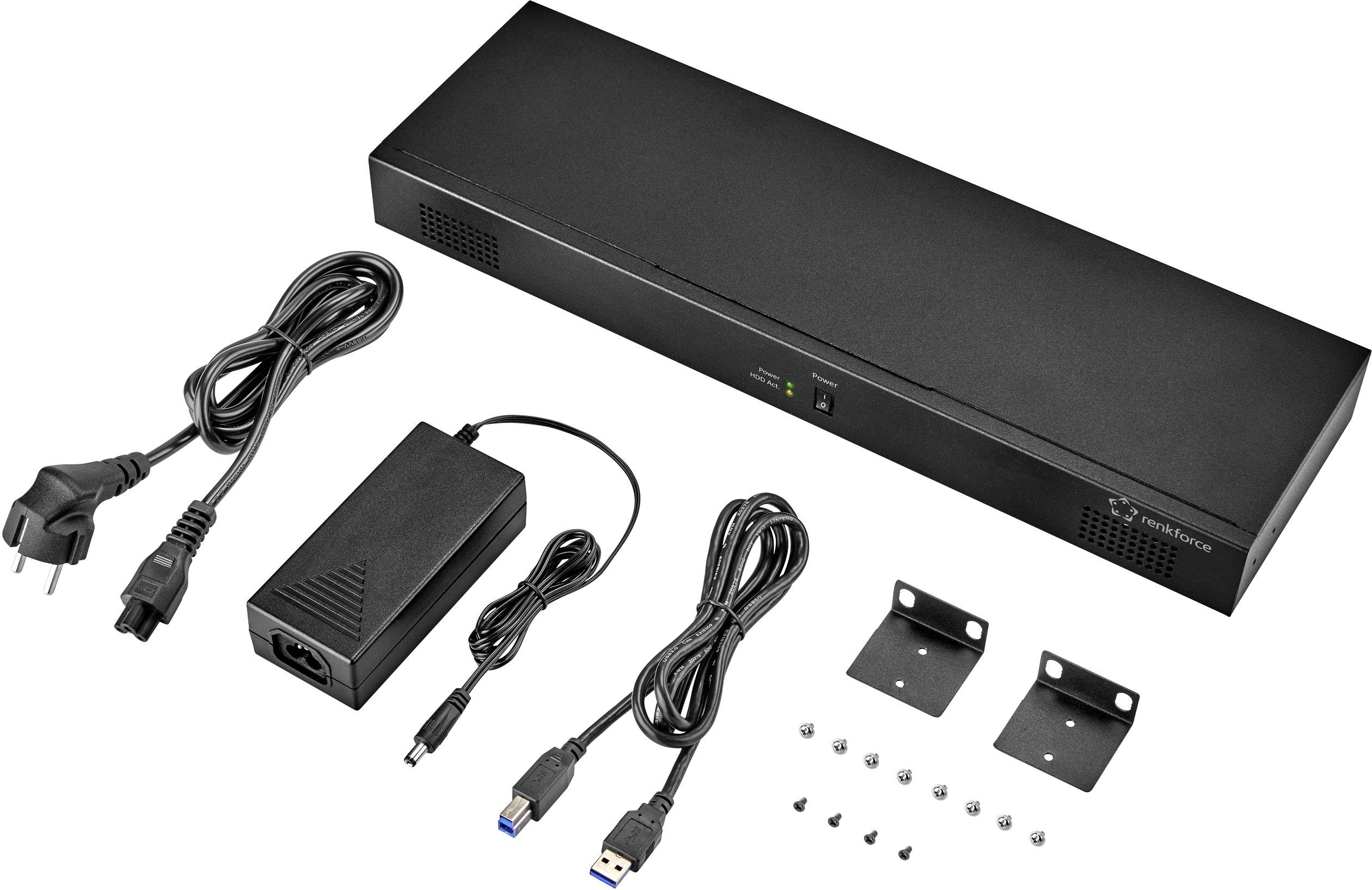 Czarny przełącznik sieciowy lub urządzeniowy z zasilaczem i kablami. Zawiera uchwyty montażowe i śruby.