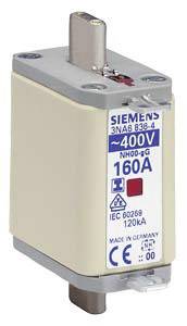 Bezpiecznik elektryczny firmy Siemens, typ NH00 o natężeniu 160 amperów, zakres napięcia 400V, przeznaczony do zastosowań przemysłowych.