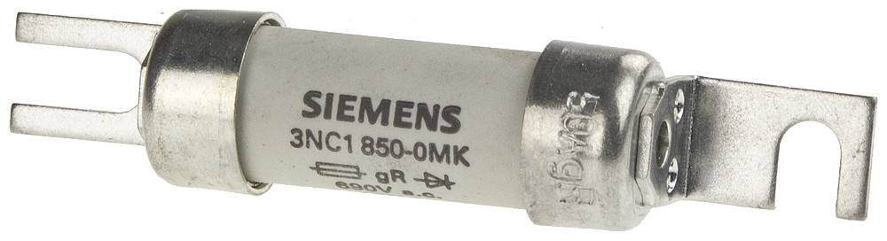 Cylindryczny, przemysłowy bezpiecznik firmy Siemens z napisem '3NC1 850-0MK', wyposażony w metalowe zaciski na obu końcach.