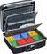 Otwarty plastikowy kufer z pokrywą z pianki i wieloma kwadratowymi, kolorowymi przegródkami; idealny do bezpiecznego przechowywania narzędzi.