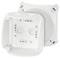 Dwa białe kwadratowe obudowy z tworzywa sztucznego o zaokrąglonych krawędziach, wyposażone w liczne otwory montażowe oraz przepusty kablowe.