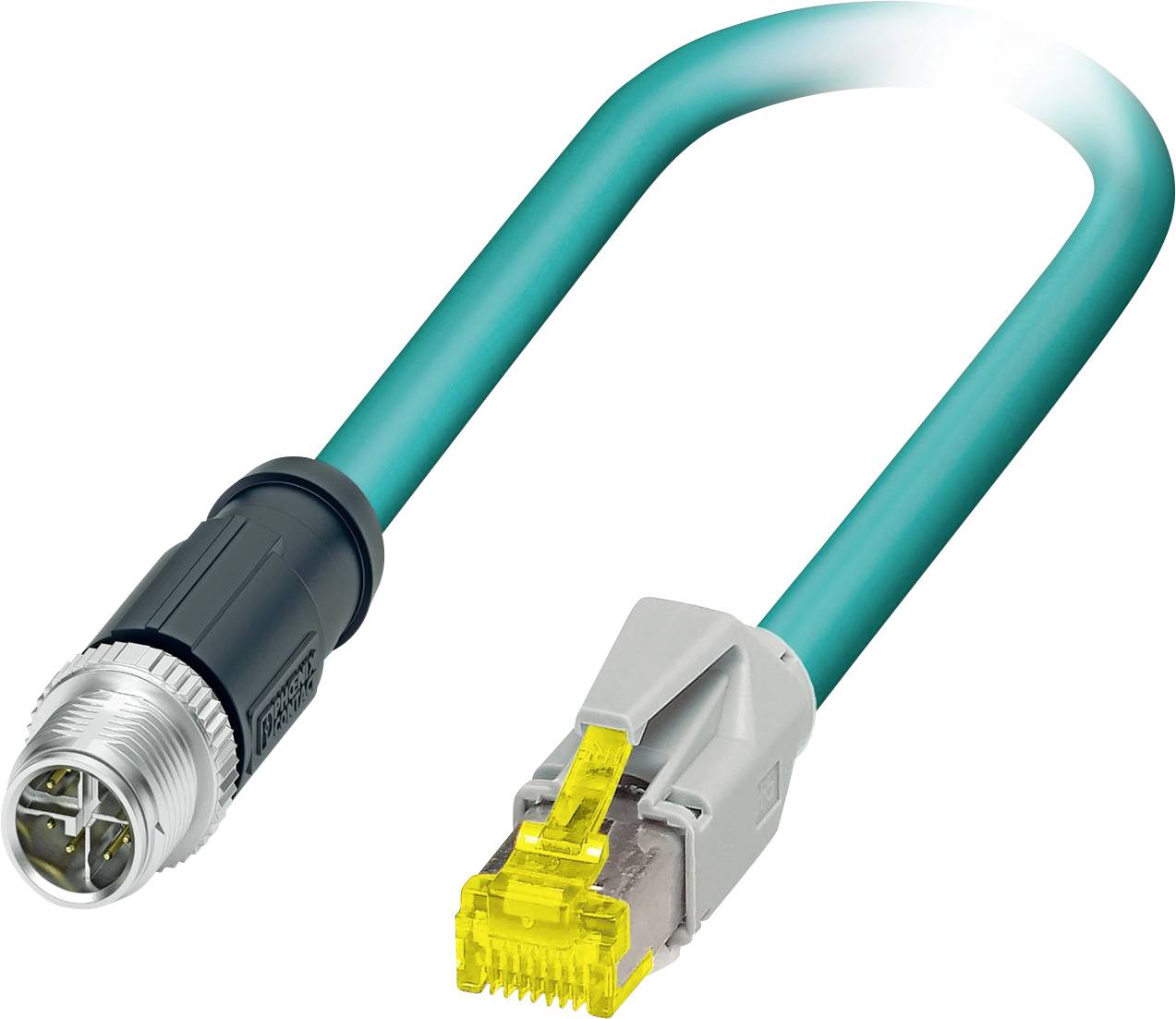 Turkusowy kabel Ethernet z metalowym okrągłym złączem na jednym końcu i żółtą wtyczką na drugim, świecący na górze.