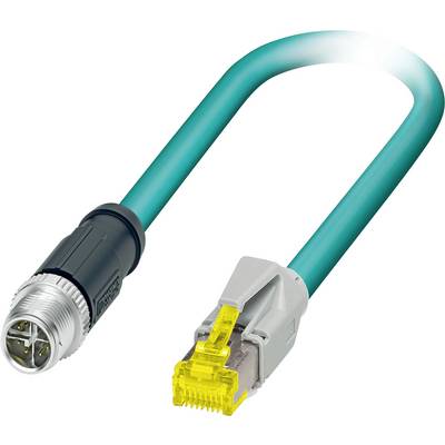 Turkusowy kabel Ethernet z metalowym okrągłym złączem na jednym końcu i żółtą wtyczką na drugim, świecący na górze.