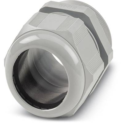 Szara plastikowa dławnica kablowa z metalowym gwintem wewnętrznym, przeznaczona do pewnego mocowania kabli w obudowach lub skrzynkach przyłączeniowych.