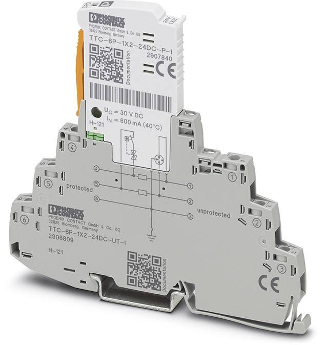 Szary moduł elektroniczny z napisem 'Phoenix Contact'. Prostokątny kształt z wieloma złączami i kodami QR.