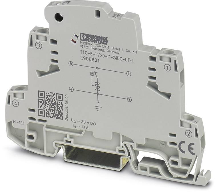 Element wyposażenia dodatkowego do obwodów elektronicznych, TTC-6-TSD-C-24DC-UT-1, beżowy, z grafiką połączenia elektrycznego i kodem QR.