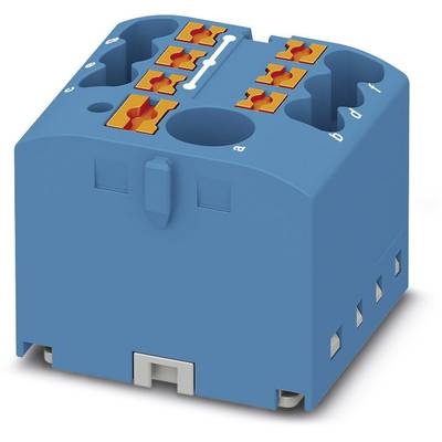 Niebieskie elektryczne złącze z pomarańczowymi zaciskami, nadające się do montażu na szynie DIN.