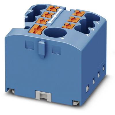 Niebieski, sześcienny elektryczny złącz z wieloma pomarańczowymi zaciskami i przyłączami.