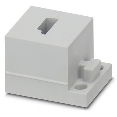 Szare, prostokątne obudowa z tworzywa sztucznego z otworem wlotowym u góry i otworem montażowym po prawej stronie, prawdopodobnie element elektryczny.