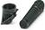 Dwa czarne elementy z tworzywa sztucznego: po lewej stożkowa część z klamrami, po prawej żebrowane rury. Wydają się do siebie pasować.