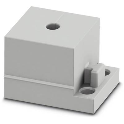 Szary blok z tworzywa sztucznego z otworami, stosowany jako obudowa lub element montażowy w zastosowaniach elektronicznych lub mechanicznych.