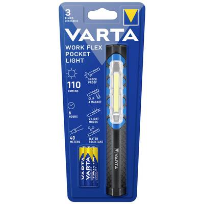 Latarka 'Varta Work Flex Pocket Light' w opakowaniu o mocy 110 lumenów, z dwoma trybami świecenia, odporna na wstrząsy, wodoodporna, w zestawie z bateriami.