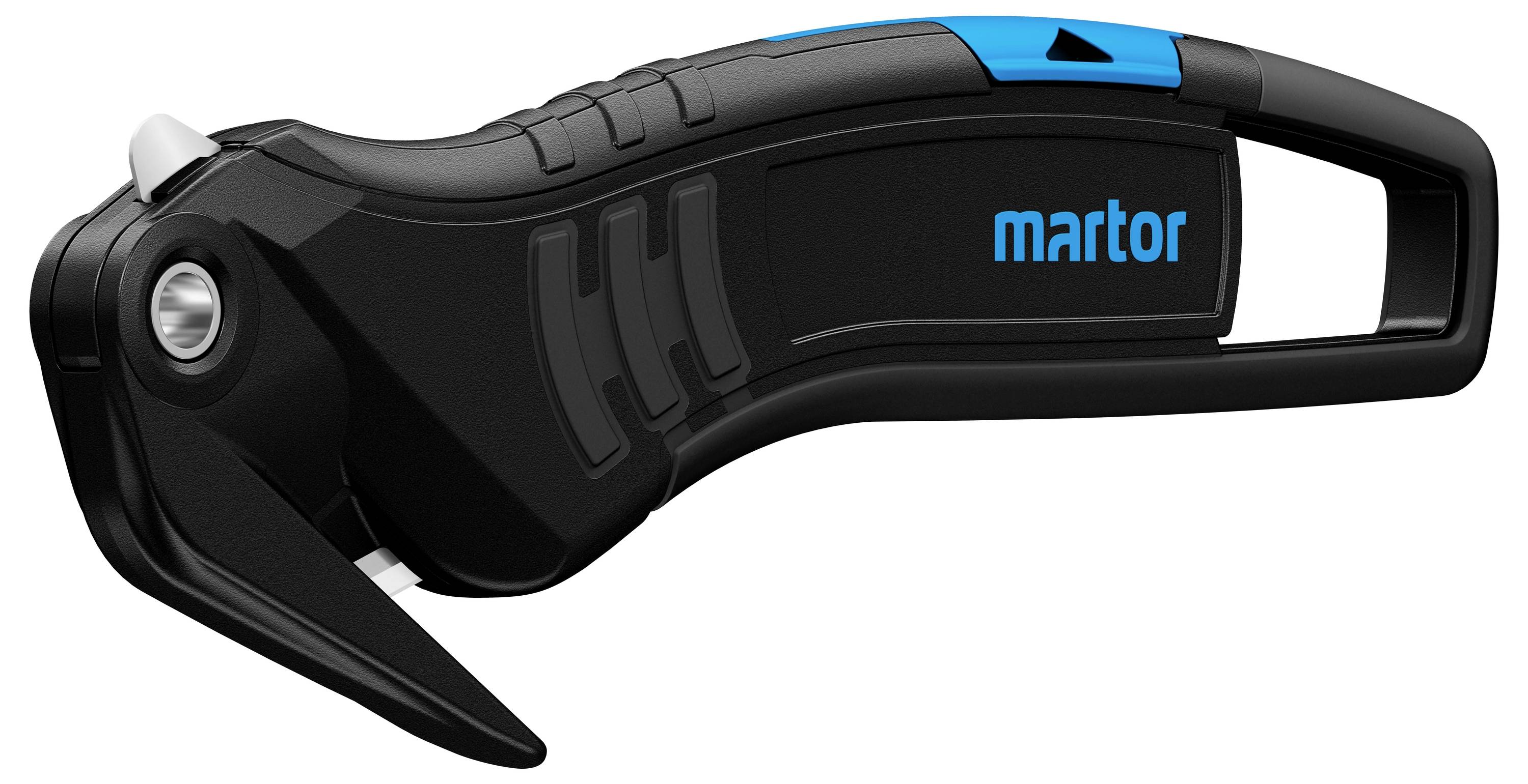 Czarny nóż bezpieczeństwa z niebieskim akcentem i ergonomicznym uchwytem, przeznaczony do bezpiecznego cięcia różnych materiałów.