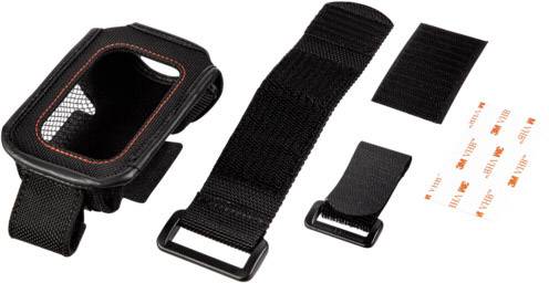 Czarna regulowana opaska na ramię z rzepami, odpowiednia do mocowania małych urządzeń lub akcesoriów na ramieniu.