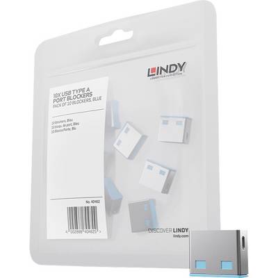 Opakowanie LINDY do zestawu 10 blokad portów USB Type A, niebieskie, pokazane z małymi metalowymi blokami w opakowaniu typu blister.