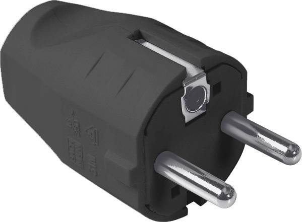 Czarny adapter europejski z dwoma wtyczkami, używany do podłączania urządzeń do europejskich gniazd elektrycznych.