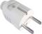 Biała dwustykowa wtyczka europejska z prążkowanymi bokami i widocznym przednim gniazdem.
