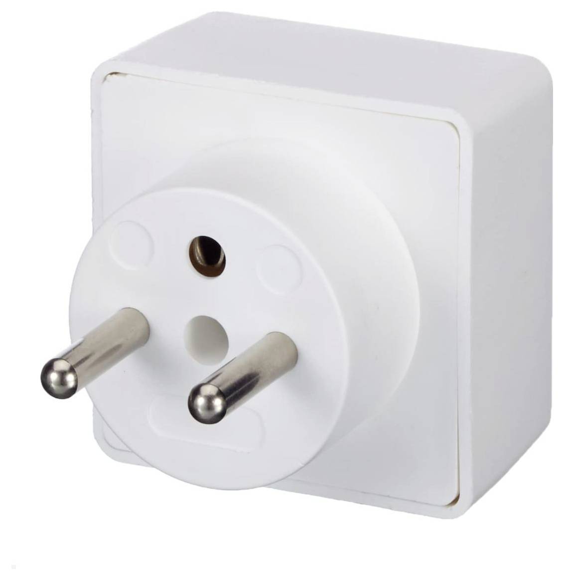 Biały, kwadratowy adapter do gniazdka z dwoma okrągłymi, metalowymi stykami.