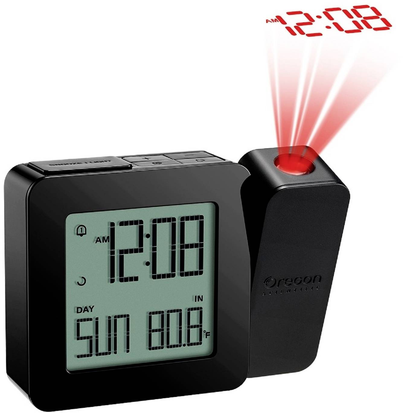 Czarny cyfrowy projekcyjny budzik wyświetla godzinę 12:08. Projektuje czas na ścianę lub sufit na czerwono. Pokazuje datę i dzień tygodnia.
