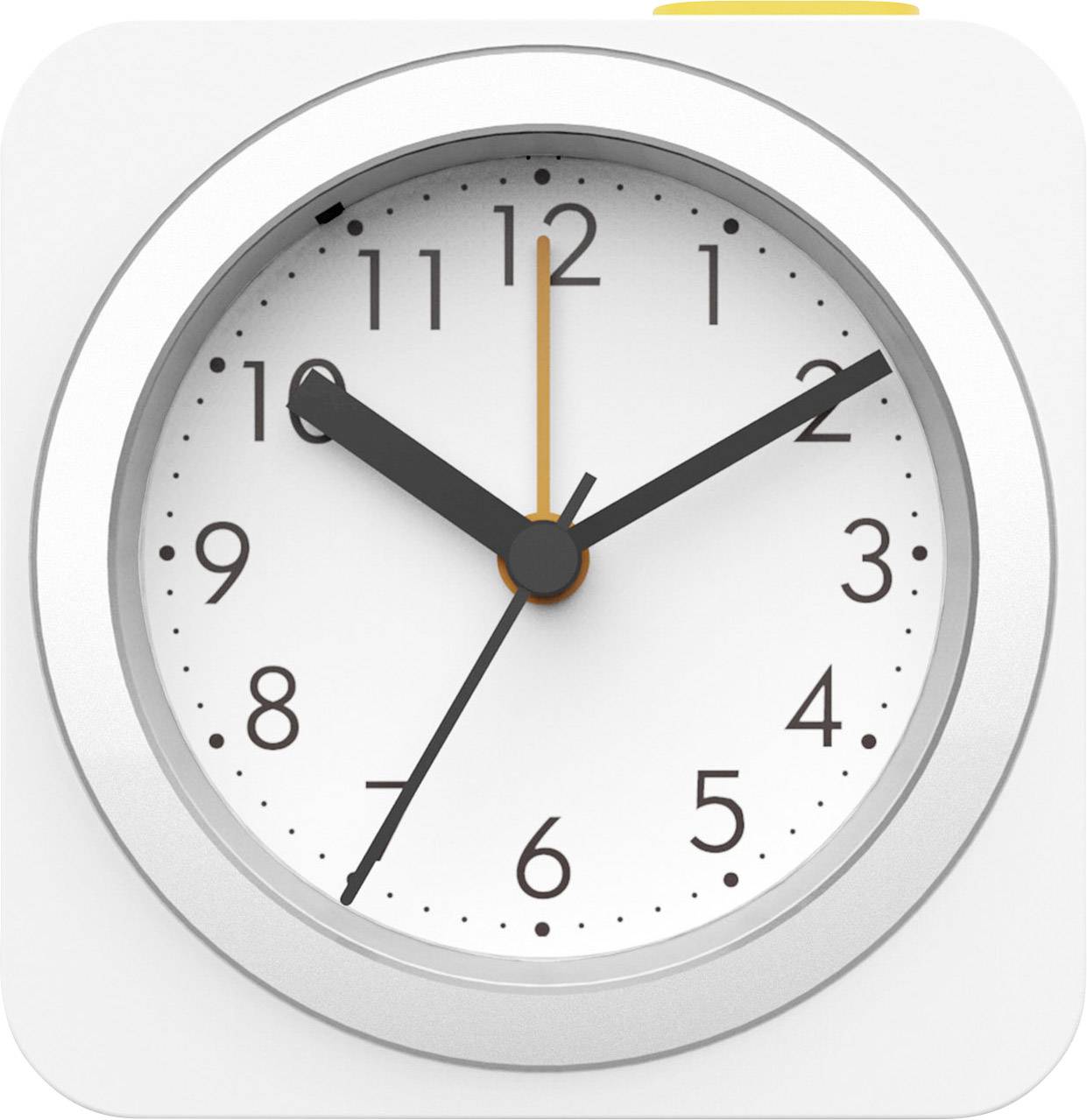 Analogowy zegarek z białą tarczą wskazuje godzinę 10:09. Czarne wskazówki godzinowe i minutowe, żółta wskazówka sekundowa.