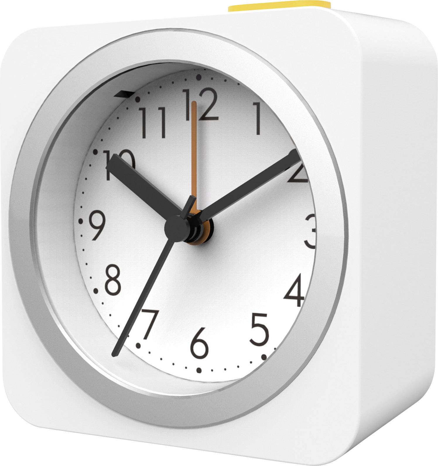 Biały, kwadratowy zegarek analogowy z srebrną ramką i czarnymi wskazówkami wskazuje godzinę 10:10.