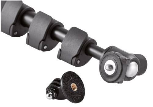 Czarna, składana noga statywu z osobnym elementem łączącym, nadająca się do zamocowania.