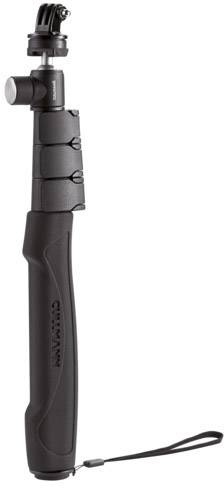 Czarny selfie stick z paskiem na rękę, wysuwany, z uchwytem na smartfona.