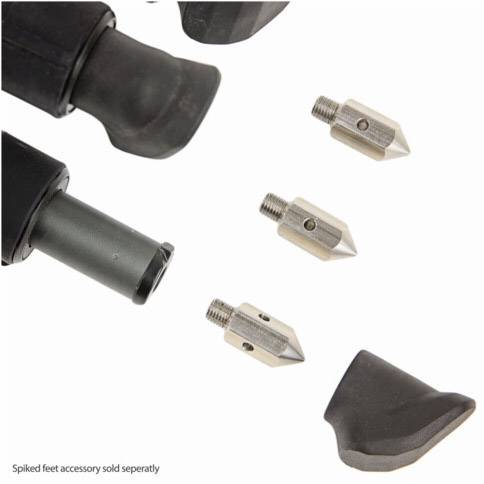 Akcesoria do stóp statywu: Wymienne kolce metalowe i gumowe stopki. Uwaga: 'Akcesorium z kolcami sprzedawane osobno'.