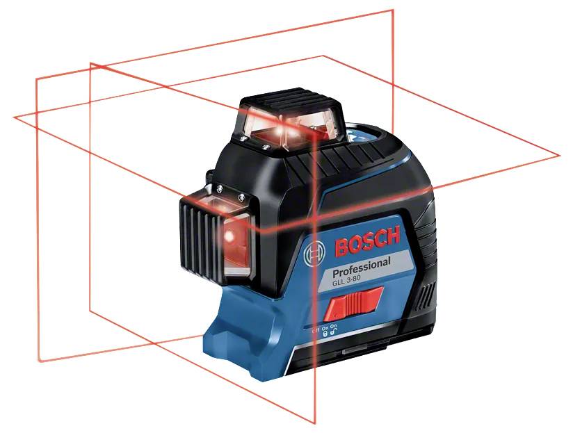 Narzędzie poziomujące laserowe rzutuje czerwone linie krzyżowe na wielu płaszczyznach. Jest oznaczone jako 'Bosch Professional GLL 3-80', przeznaczone do precyzyjnego wyrównywania.