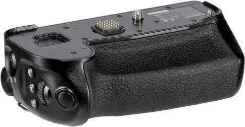 Uchwyt do aparatu, czarny, z kilkoma przyciskami i gniazdem na górze.