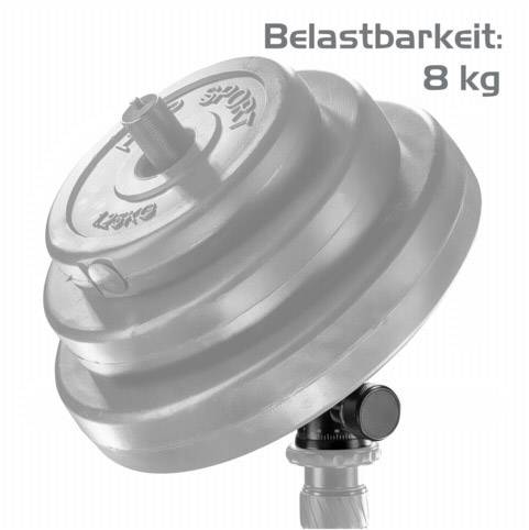 Krótka hantel z obciążeniami, 'Nośność: 8 kg' w prawym górnym rogu.