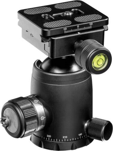 Głowica statywu z poziomicą i skalą do precyzyjnego ustawienia kamery. Czarna metalowa konstrukcja z wieloma elementami sterującymi.