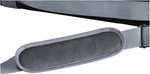 Szary, wyściełany pas na ramię z czarnym wypełnieniem. Regulowany, pasujący do toreb lub plecaków.