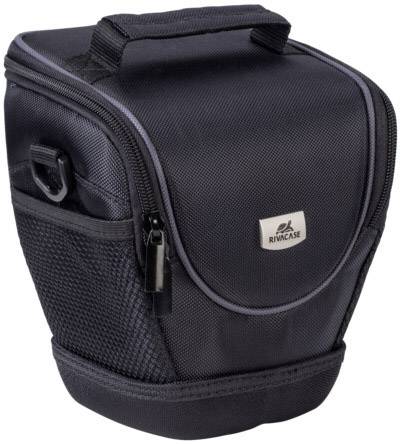 Czarna torba na aparat fotograficzny z zamkiem błyskawicznym, uchwytem do przenoszenia i kieszeniami bocznymi, odpowiednia do bezpiecznego transportu sprzętu fotograficznego.