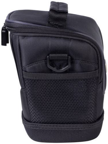 Czarna torba na aparat fotograficzny z zamkiem błyskawicznym i uchwytem, z siateczkową kieszenią z boku.