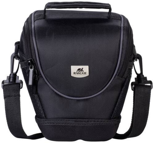Czarna torba na aparat fotograficzny Rivacase z paskiem na ramię i zamkiem błyskawicznym, odpowiednia do bezpiecznego transportu sprzętu fotograficznego.