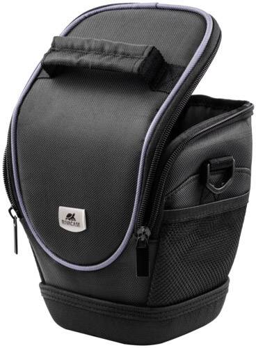 Czarna torba fotograficzna z zamkiem błyskawicznym i uchwytem, odpowiednia dla aparatów fotograficznych, z dodatkową kieszenią boczną na akcesoria.