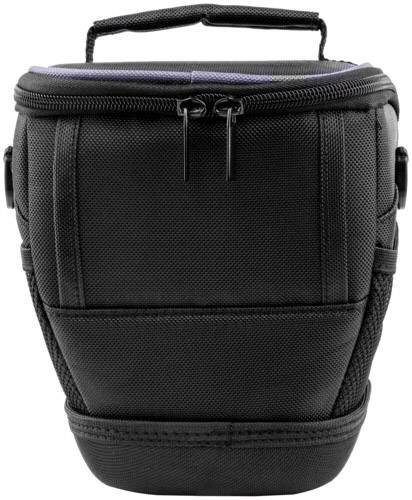 Czarna torba na aparat fotograficzny z uchwytem i zamkami błyskawicznymi, odpowiednia do ochrony i transportu sprzętu fotograficznego.